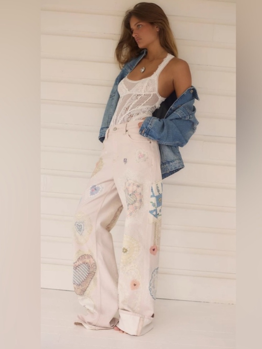 Free People Tinsley Illusion Printed Jeans- Heirloom Ivory Hearts- Size - Picture 1 of 10